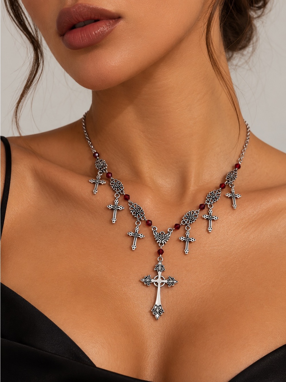 Silver Cross Charm Necklace with Red Beads - Women Jewelry